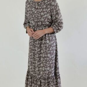 Brown Floral Maxi Dress with Elastic Waist